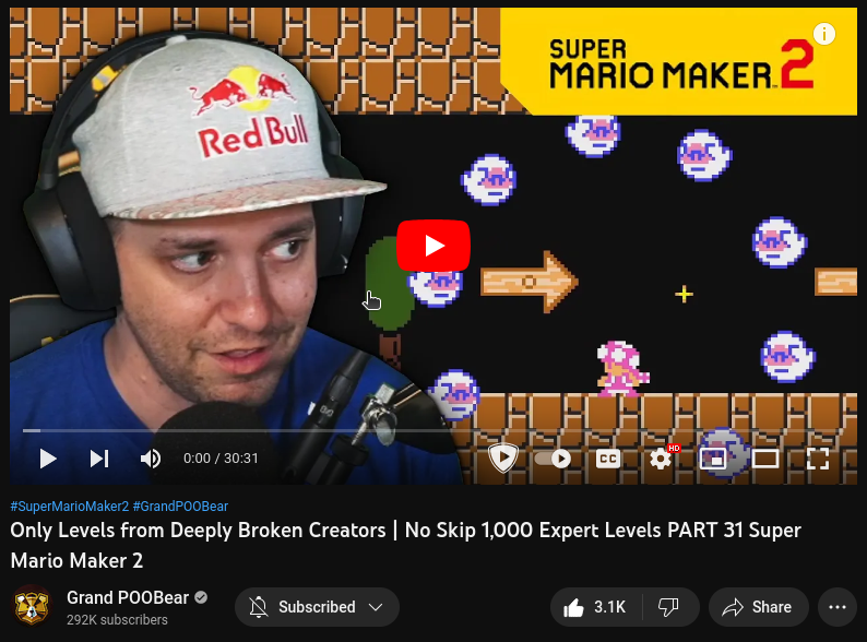 The YouTube thumbnail for GrandPooBear's video Only Levels from Deeply Broken Creators | No Skip 1,000 Expert Levels PART 31 Super Mario Maker 2