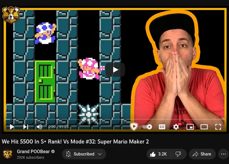 The YouTube thumbnail for GrandPooBear's video We Hit 5500 In S+ Rank! Vs Mode #32: Super Mario Maker 2