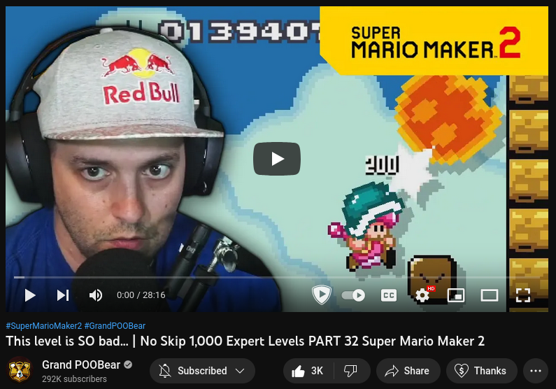 The YouTube thumbnail for GrandPooBear's video This level is SO bad… | No Skip 1,000 Expert Levels Part 32 Super Mario Maker 2