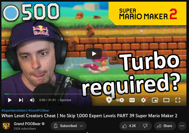 The YouTube thumbnail for GrandPooBear's video When Level Creators Cheat | No Skip 1,000 Expert Levels PART 39 Super Mario Maker 2