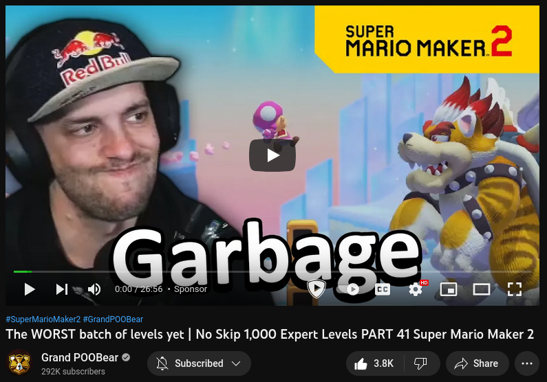 The YouTube thumbnail for GrandPooBear's video The WORST batch of levels yet | No Skip 1,000 Expert Levels PART 41 Super Mario Maker 2