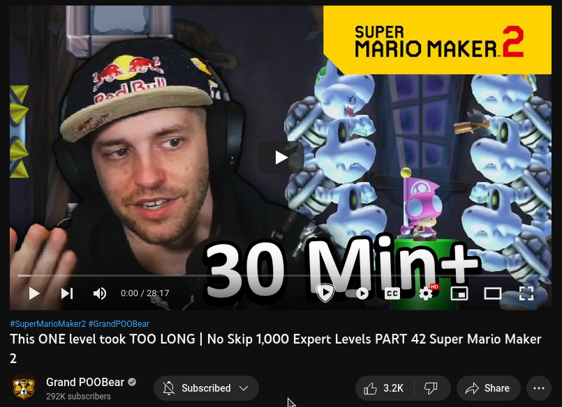 The YouTube thumbnail for GrandPooBear's video This ONE level took TOO LONG | No Skip 1,000 Expert Levels PART 42 Super Mario Maker 2