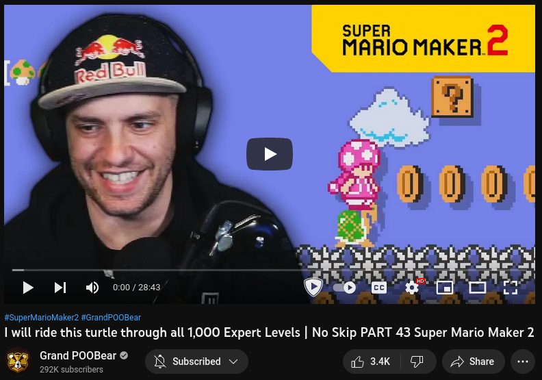 The YouTube thumbnail for GrandPooBear's video I will ride this turtle through all 1,000 Expert Levels | No Skip PART 43 Super Mario Maker 2