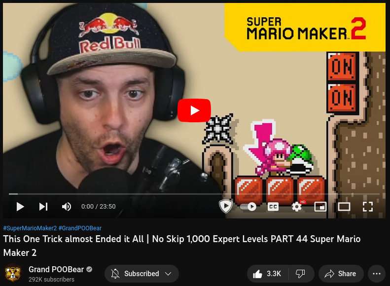 The YouTube thumbnail for GrandPooBear's video This One Trick almost Ended it All | No Skip 1,000 Expert Levels PART 44 Super Mario Maker 2