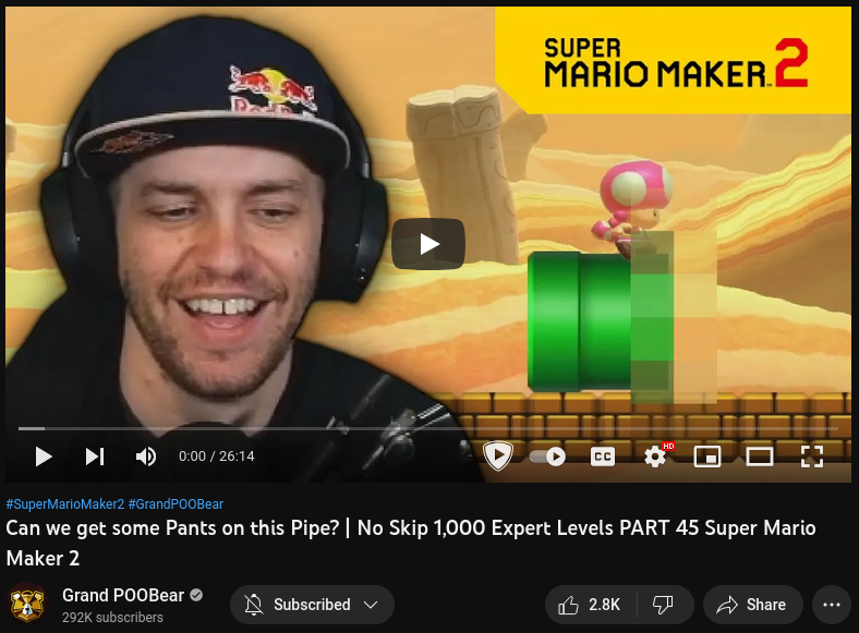 The YouTube thumbnail for GrandPooBear's video Can we get some Pants on this Pipe? | No Skip 1,000 Expert Levels PART 45 Super Mario Maker 2