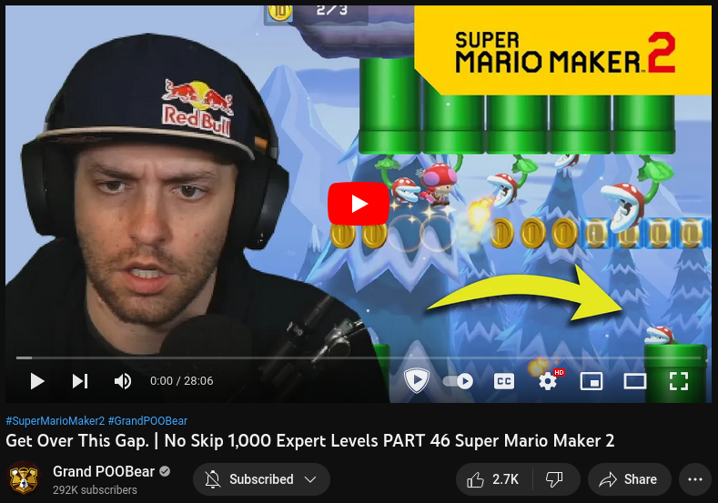 The YouTube thumbnail for GrandPooBear's video Get Over This Gap. | No Skip 1,000 Expert Levels PART 46 Super Mario Maker 2