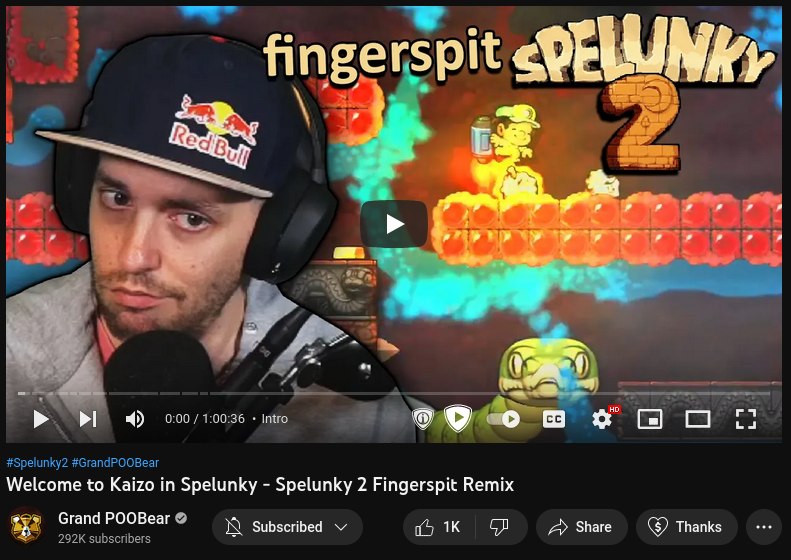 The YouTube thumbnail for GrandPooBear's video Welcome to Kaizo in Spelunky - Spelunky 2 Fingerspit Remix