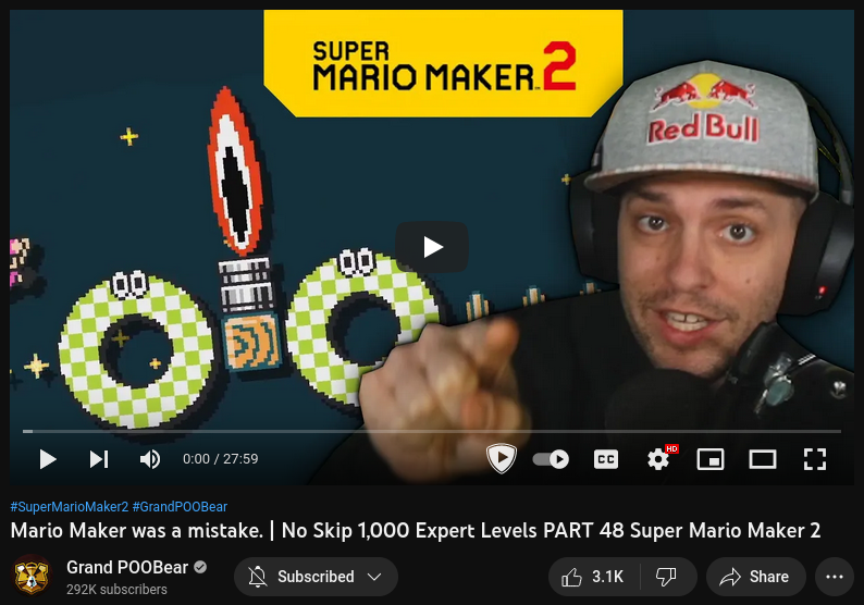 The YouTube thumbnail for GrandPooBear's video Mario Maker was a mistake. | No Skip 1,000 Expert Levels PART 48 Super Mario Maker 2