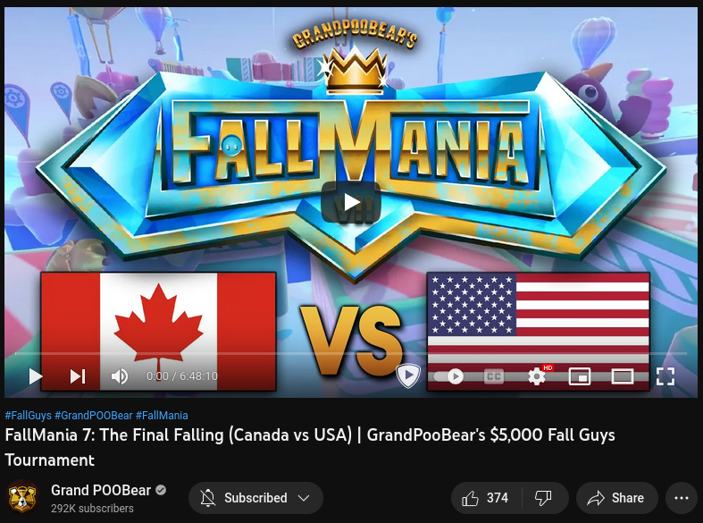 The YouTube thumbnail for GrandPooBear's video FallMania 7: The Final Falling (Canada vs USA) | GrandPooBear's $5,000 Fall Guys Tournament