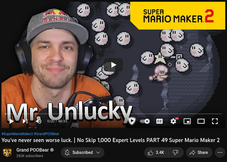 The YouTube thumbnail for GrandPooBear's video You've never seen worse luck. | No Skip 1,000 Expert Levels PART 49 Super Mario Maker 2