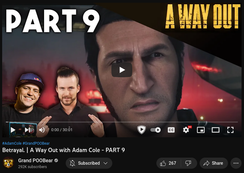 The YouTube thumbnail for GrandPooBear's video Betrayal. | A Way Out with Adam Cole - PART 9