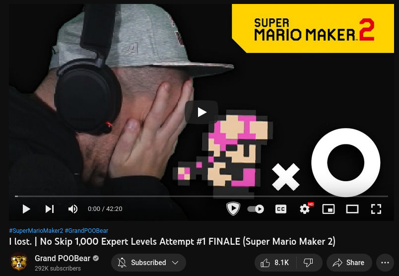 The YouTube thumbnail for GrandPooBear's video I lost. | No Skip 1,000 Expert Levels Attempt #1 FINALE (Super Mario Maker 2)