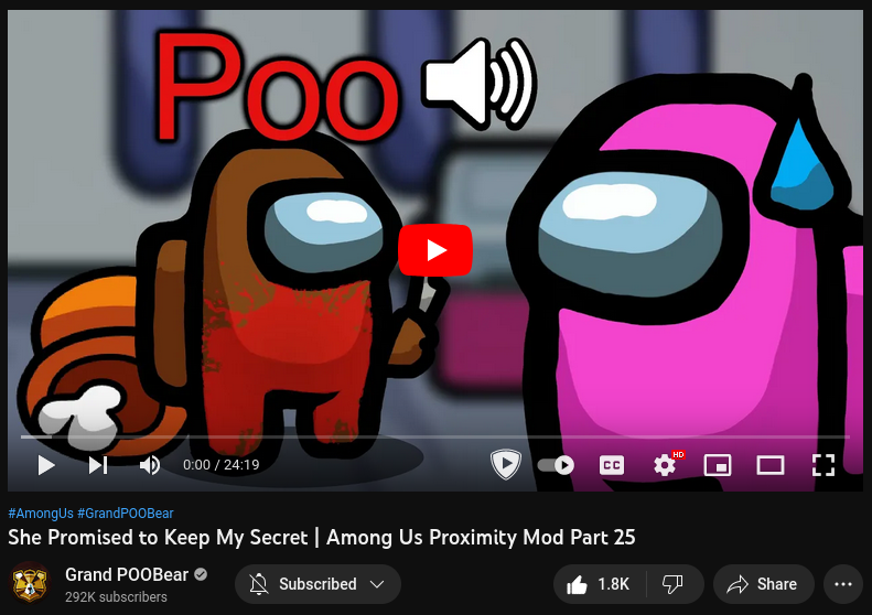 The YouTube thumbnail for GrandPooBear's video She Promised to Keep My Secret | Among Us Proximity Mod Part 25