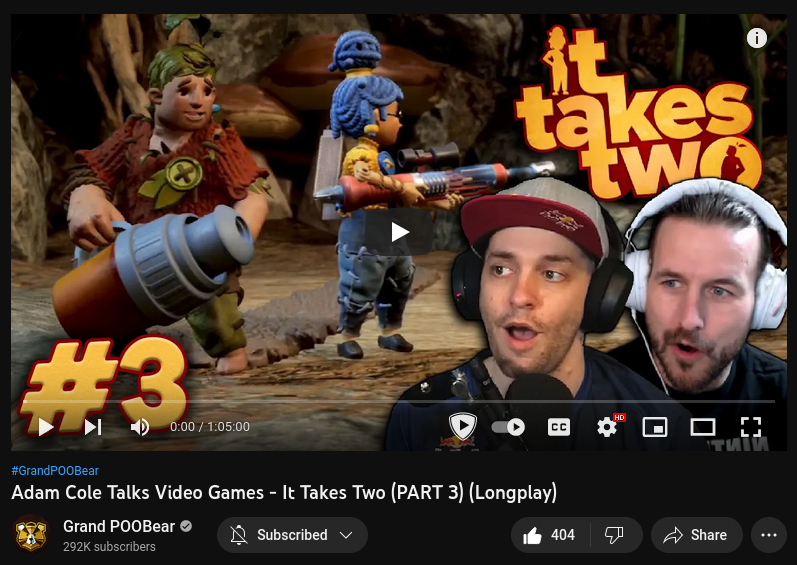 The YouTube thumbnail for GrandPooBear's video Adam Cole Talks Video Games - It Takes Two (PART 3)(Longplay)