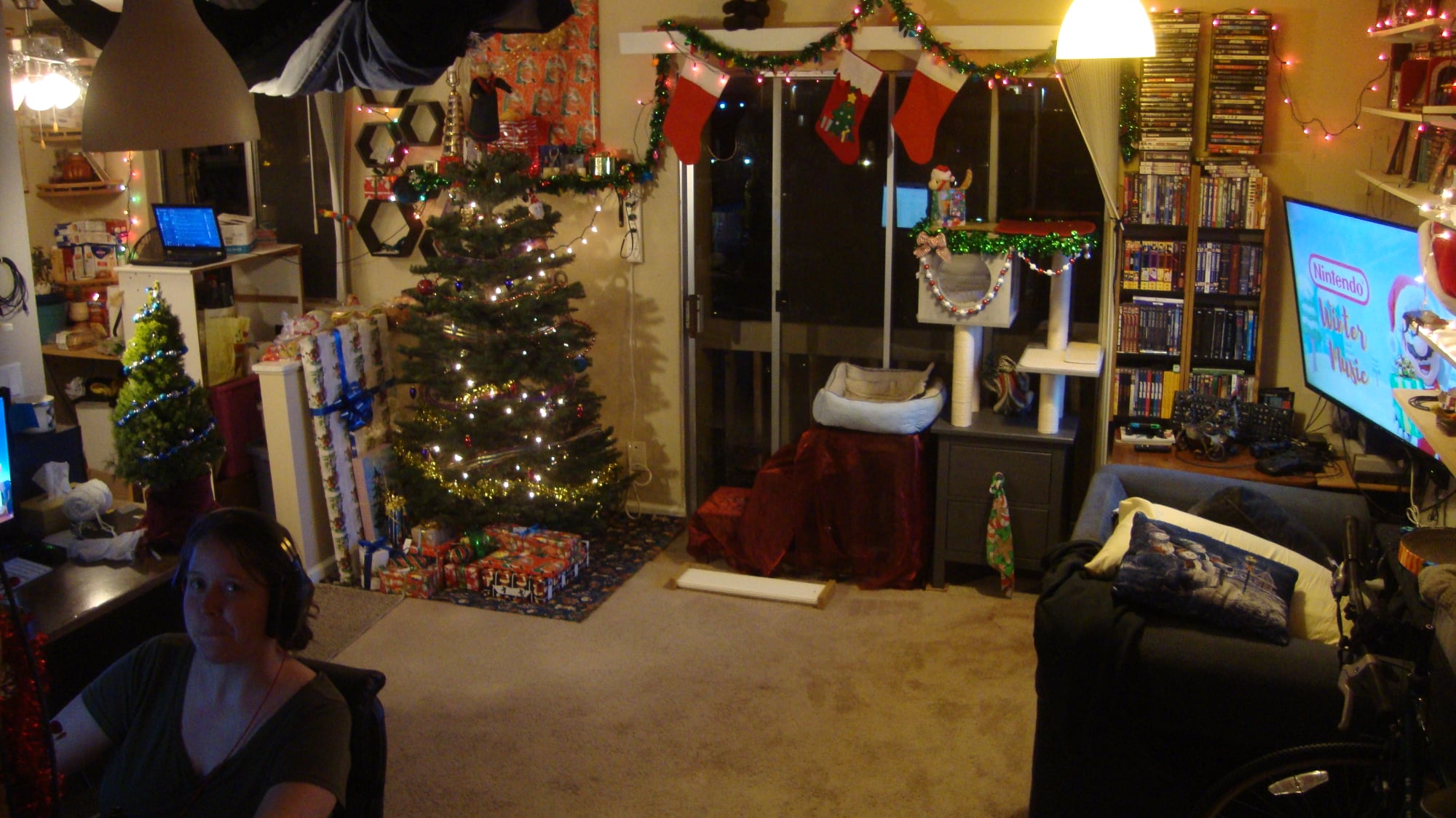 Living room in 2020. We've got a full 6' Christmas tree for the first time! Morrie is smirking at me from her art desk in the corner of the frame, because this was the first year of the plague and everybody was home all the time.