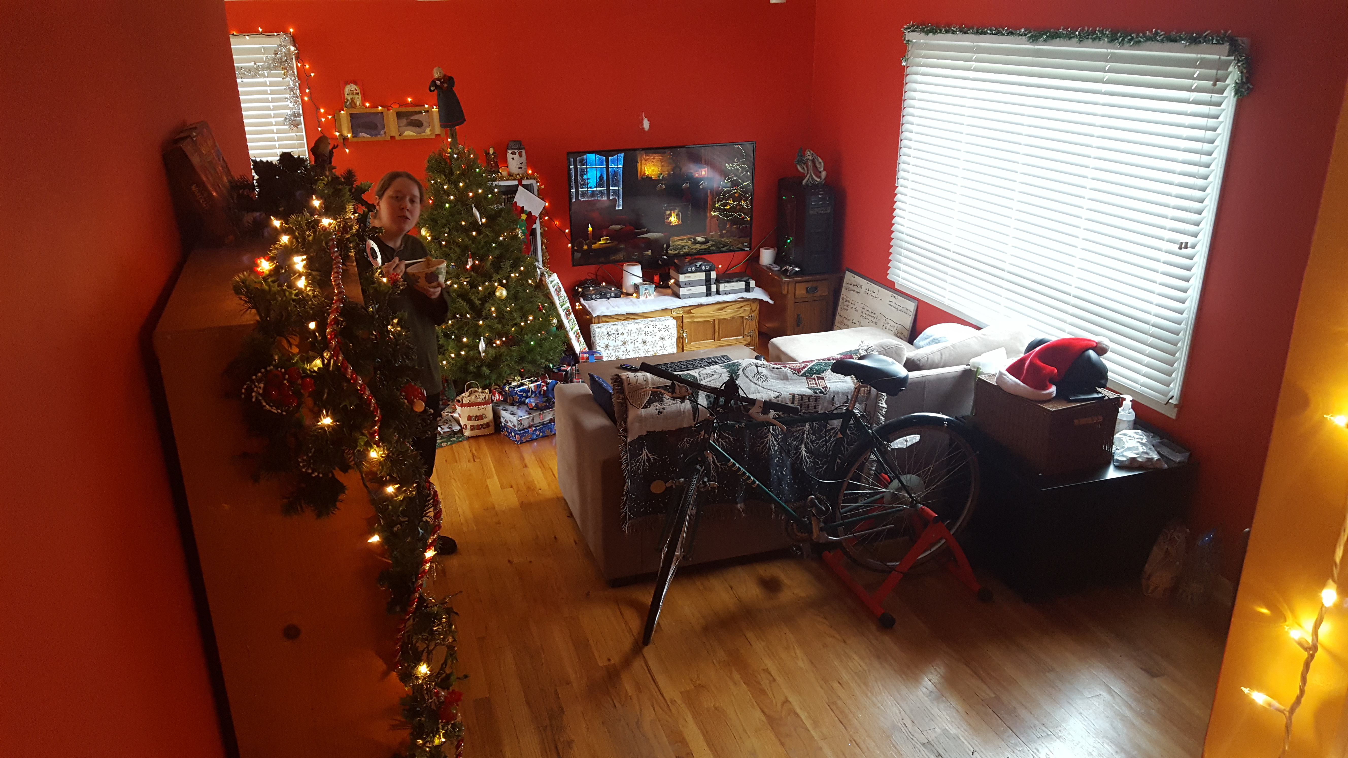 Living room in 2021. We moved this year, so it's a completely different space for the first time. The are red, and pretty bare. We've got a nice 6' Christmas tree, and Morrie is looking at the camera from the far end of the room while eating from a bowl. There's an absence of any cat furniture, because Ritzville passed shortly before this.