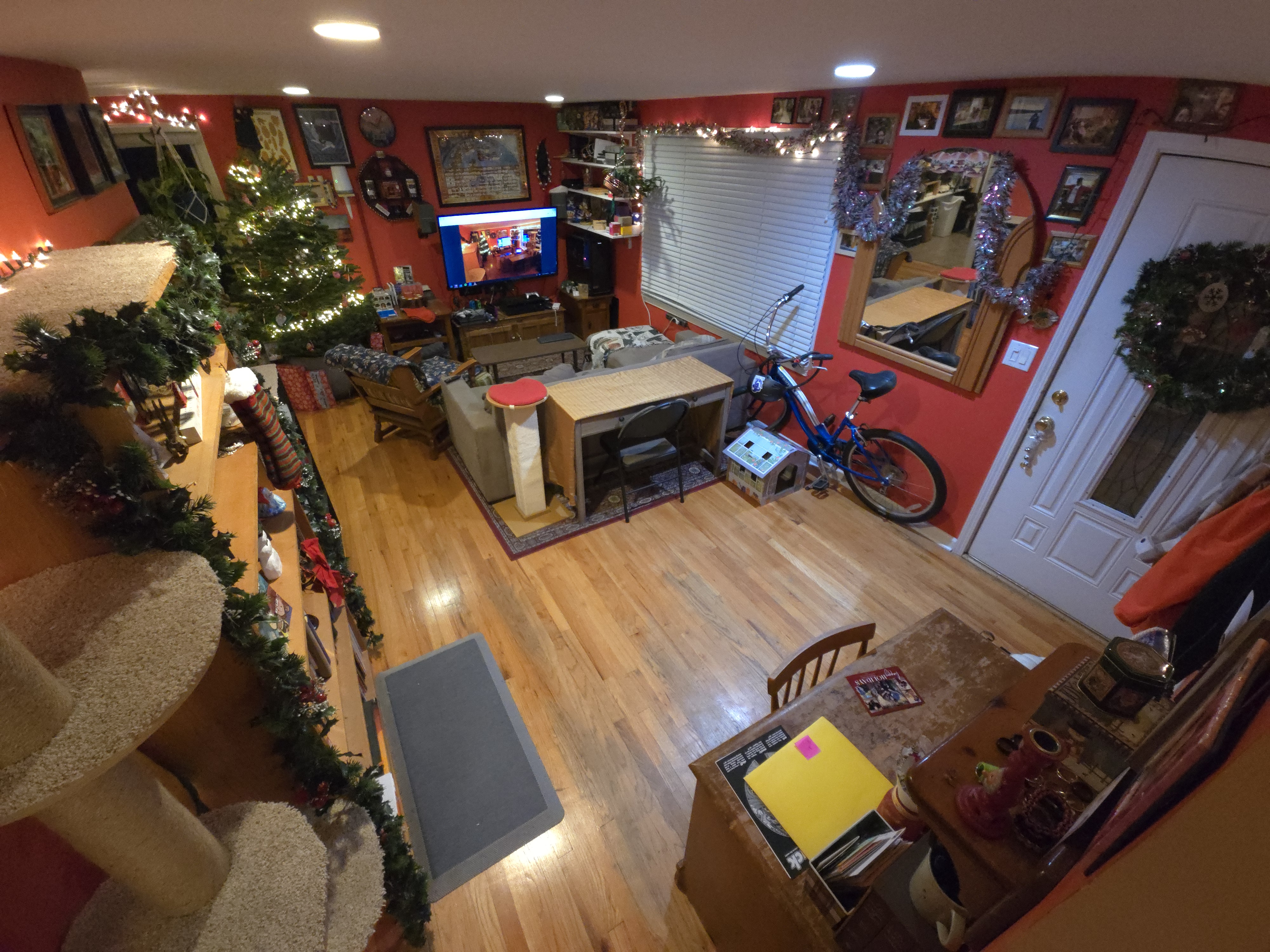 Living room in 2024. I used a wide angle lens this year, so you can see a lot more than before! There are more photos on the wall, we moved the cat tree out of this room, there's a new bike and a chair from the basement got moved up here, but it's pretty much the same as other years.