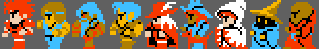 They fit right in! A row of idle sprites for the Final Fantasy character classes, now with three new characters of my own invention added.