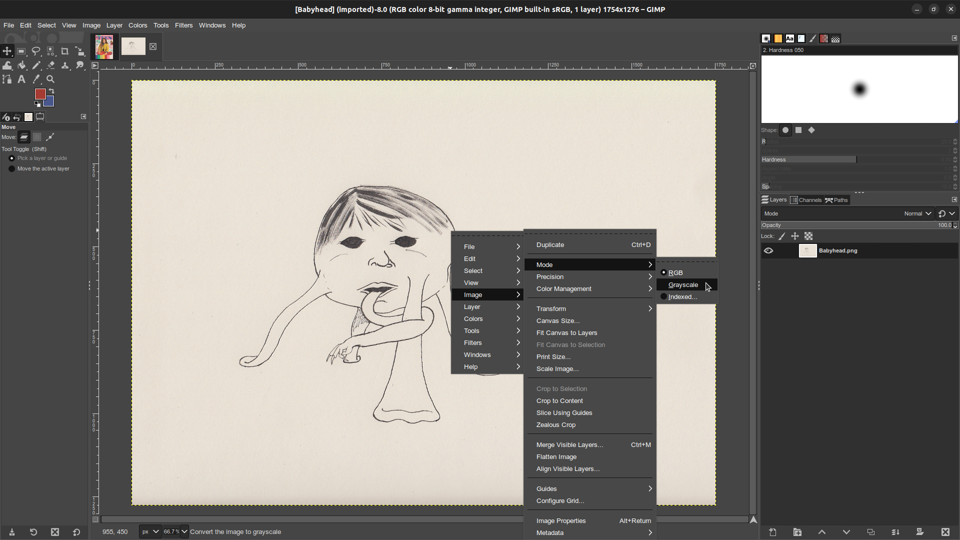 Babyhead monster in GIMP, set to Greyscale GIMP window in which the Babyhead monster illustration is open. The right click menu is open, showing Image, Mode, Greyscale highlighted.