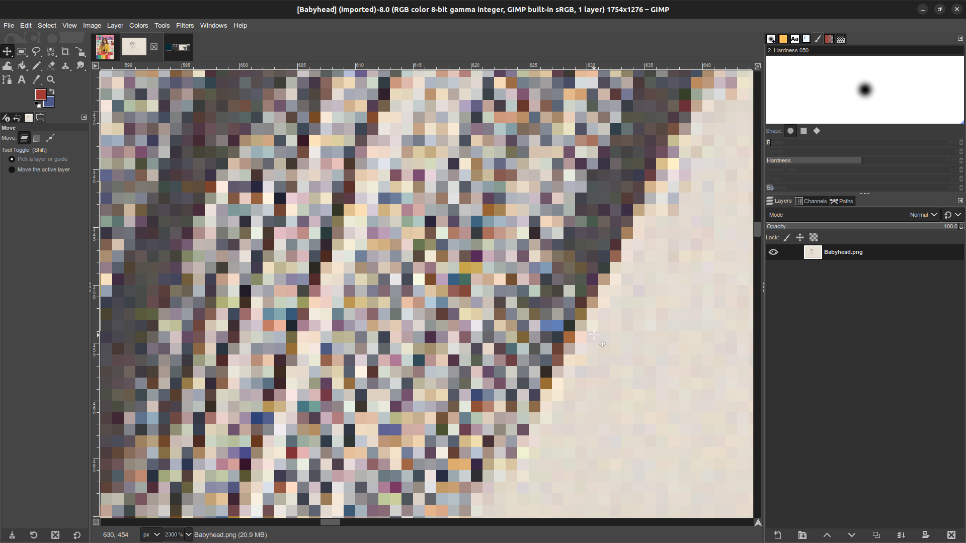 GIMP window, zoomed in close on the Babyhead monster's hair. Before transitioning to greyscale the pixels display a spectrum of muted colors.