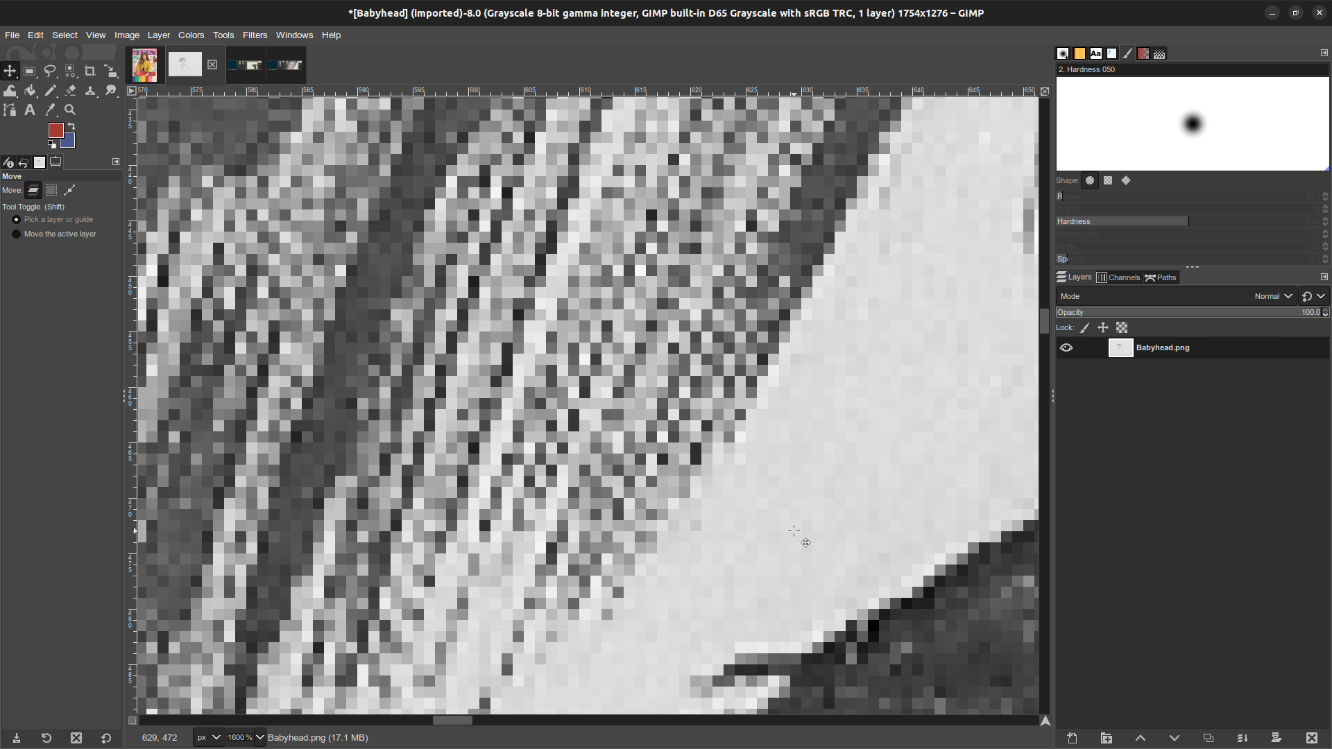Babyhead monster in gimp, post-greyscale closeup GIMP window, zoomed in close on the Babyhead monster's hair. After transitioning to greyscale the pixels display a spectrum of greys.