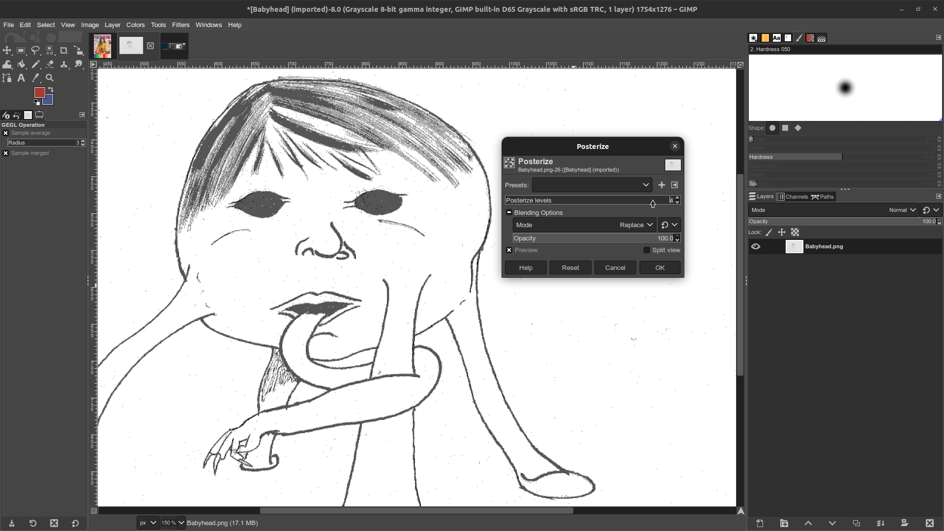 GIMP window in which the Babyhead monster illustration is open. The posterize tool options window is showing, with Posterize set to 4.