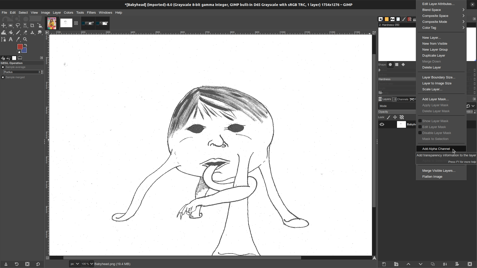 Babyhead monster in GIMP, add Alpha Channel GIMP window in which the Babyhead monster illustration is open. The right-click menu is open for the current (and only) layer in the layer's dialogue. Add Alpha Channel is selected by the cursor.