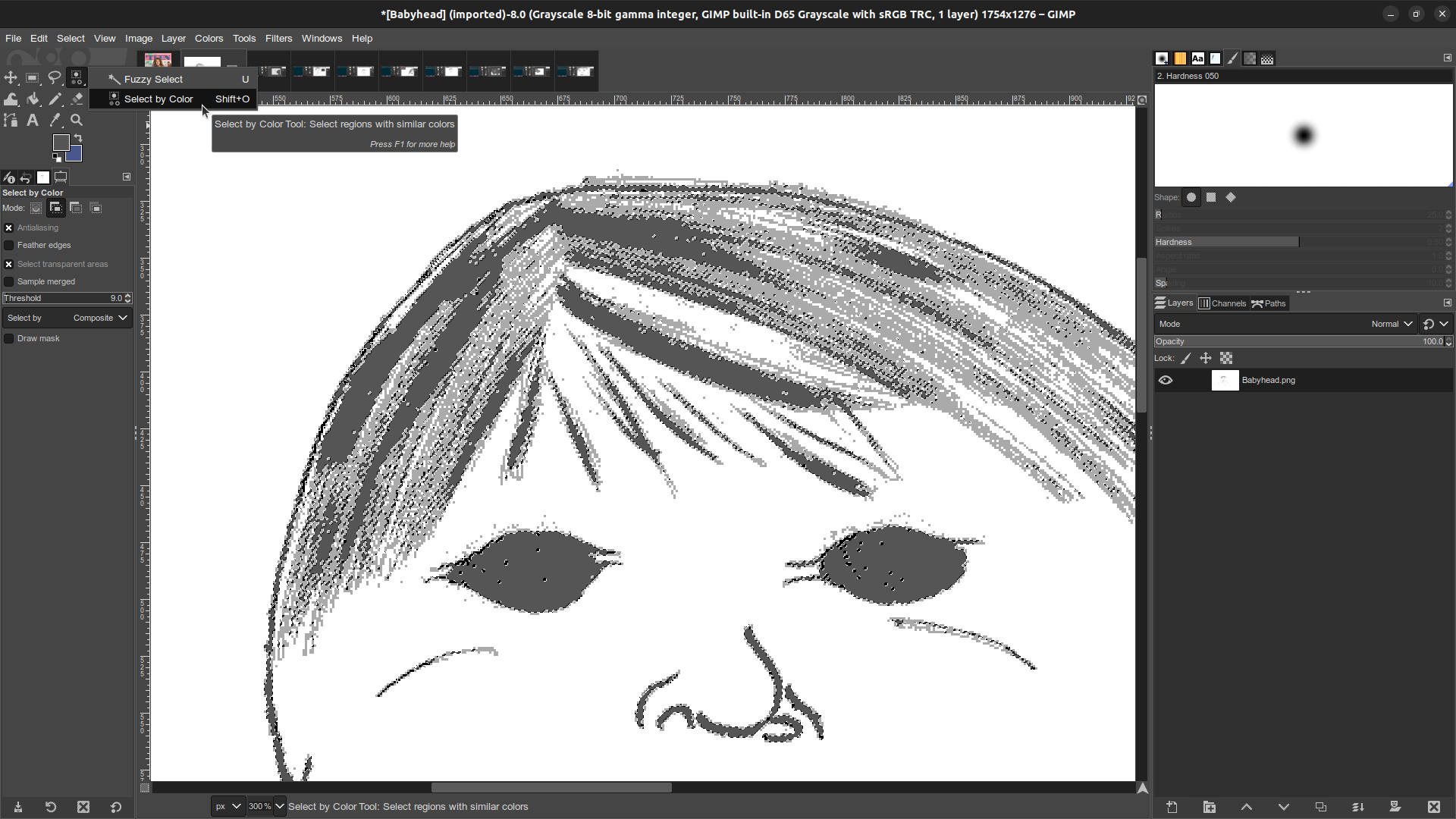Babyhead monster in GIMP, select dark grey by color Gimp window in which the Babyhead monster illustration is open. In the toolbar the cursor is in the process of selecting the Select by Color tool.