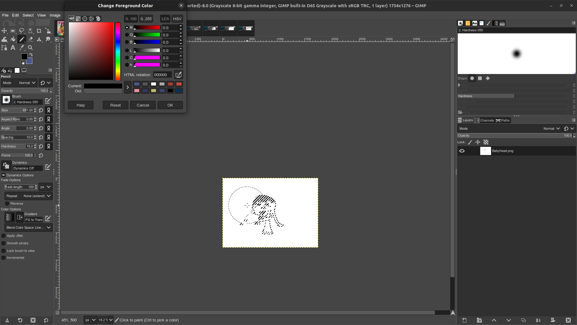 Babyhead monster in GIMP, darken the dark grey selection Gimp window in which the Babyhead monster illustration is open. Areas of dark grey are surrounded by the 'marching ants' that indicate selection, and the image has been zoomed out so it takes up only a small portion of the window. In the color picker dialogue, black is selected, and the pencil cursor is almost as large as the entire illustration.