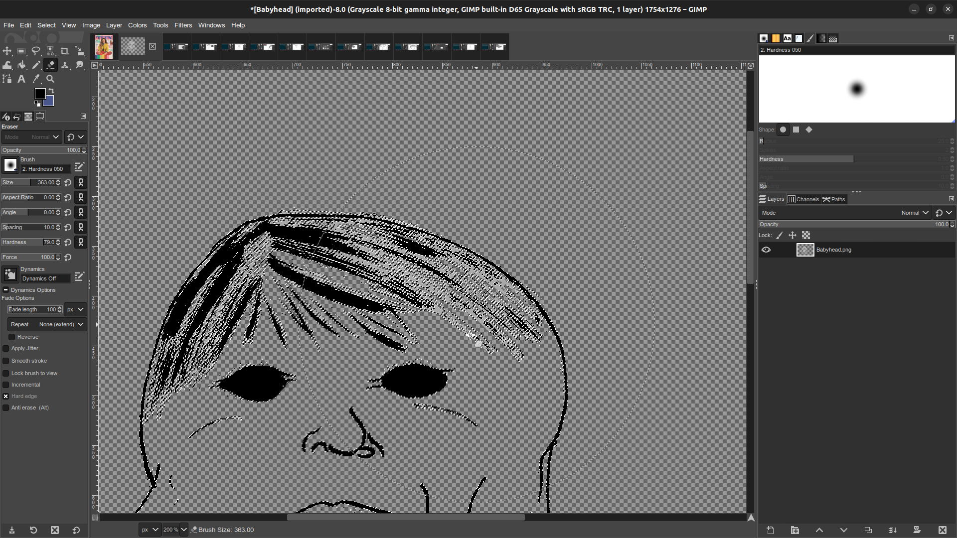 Babyhead monster in GIMP, select grey by color and erase Gimp window in which the Babyhead monster illustration is open. Zoom in to the top of the creature's head. The 'marching ants' which indicate selection enclose all grey on the image, primarily the whispier strands of hair on the baby creature's head.
