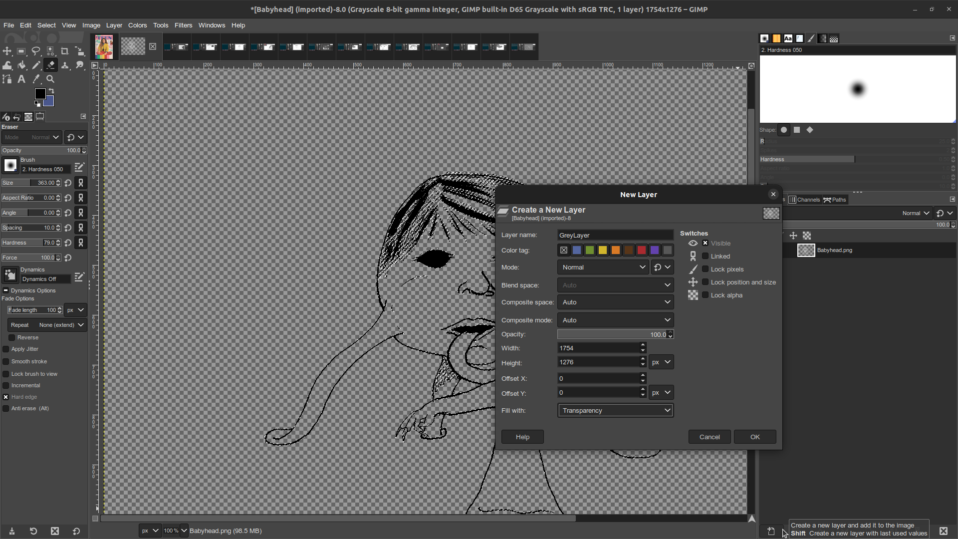 Babyhead monster in GIMP, create new transparent layer Gimp window in which the Babyhead monster illustration is open. On the right hand side in the Layers panel, the New Layer dialogue is open. It is named 'Grey Layer,' and 'Fill with Transparency' is selected.