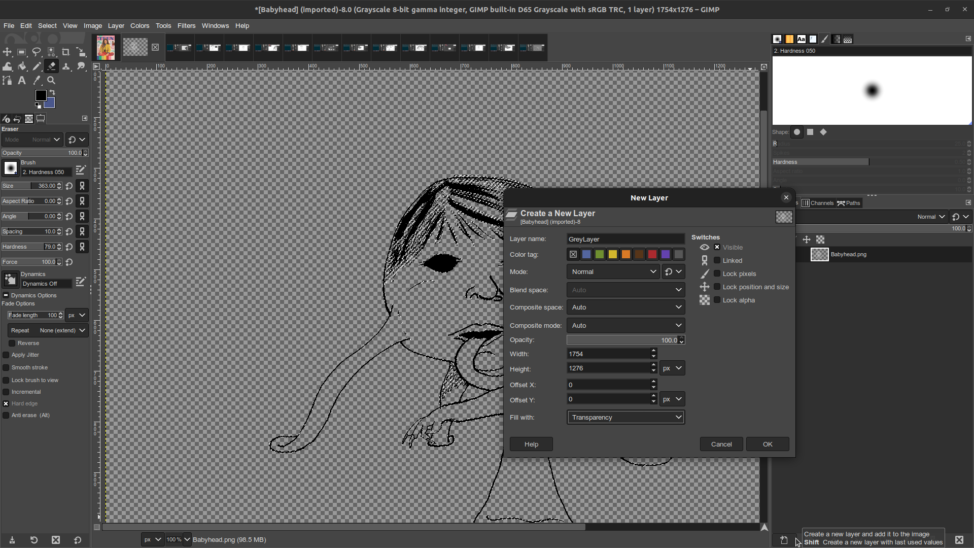 Gimp window in which the Babyhead monster illustration is open. On the right hand side in the Layers panel, the New Layer dialogue is open. It is named 'Grey Layer,' and 'Fill with Transparency' is selected.