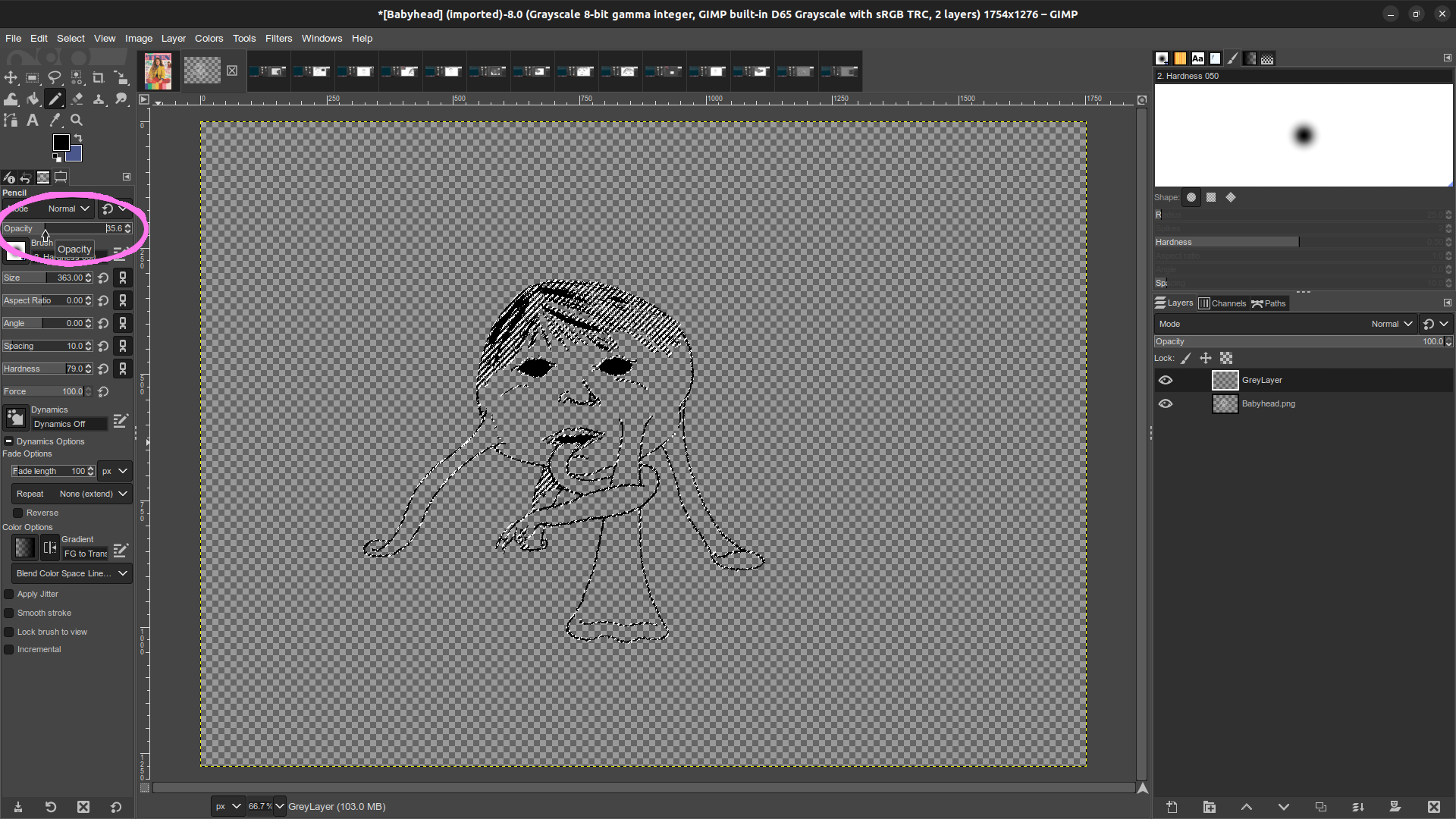Babyhead monster in GIMP, fill grey selection with partially transparent black Gimp window in which the Babyhead monster illustration is open. With the 'Grey layer' active, and the pencil tool equipped. A pink circle indicates the area of the interface where the pencil's opacity can be adjusted.