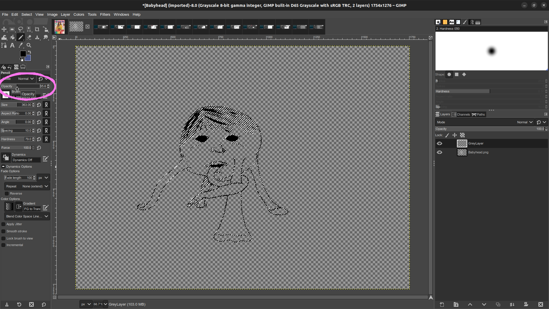 Gimp window in which the Babyhead monster illustration is open. With the 'Grey layer' active, and the pencil tool equipped. A pink circle indicates the area of the interface where the pencil's opacity can be adjusted.
