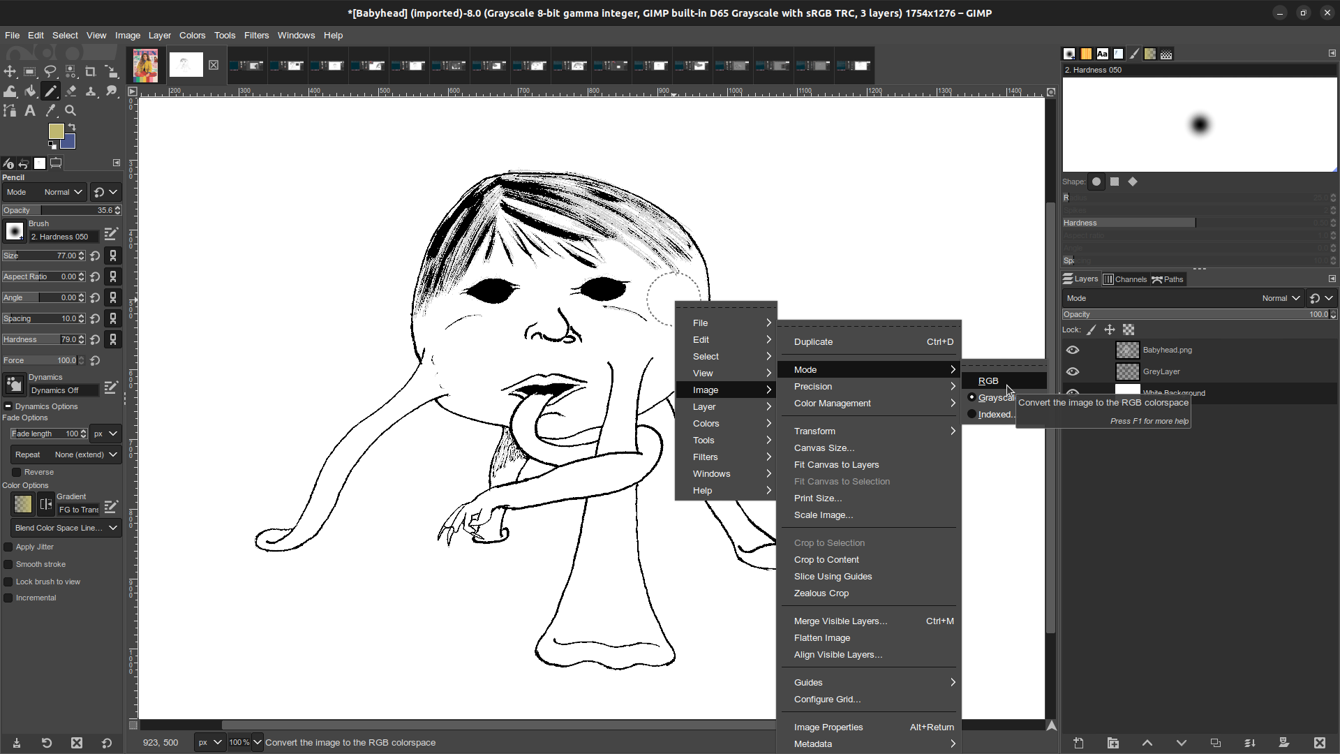 Babyhead monster in GIMP, set image to RGB mode Gimp window in which the Babyhead monster illustration is open. The right click menu for Image, Mode, RGB is open.