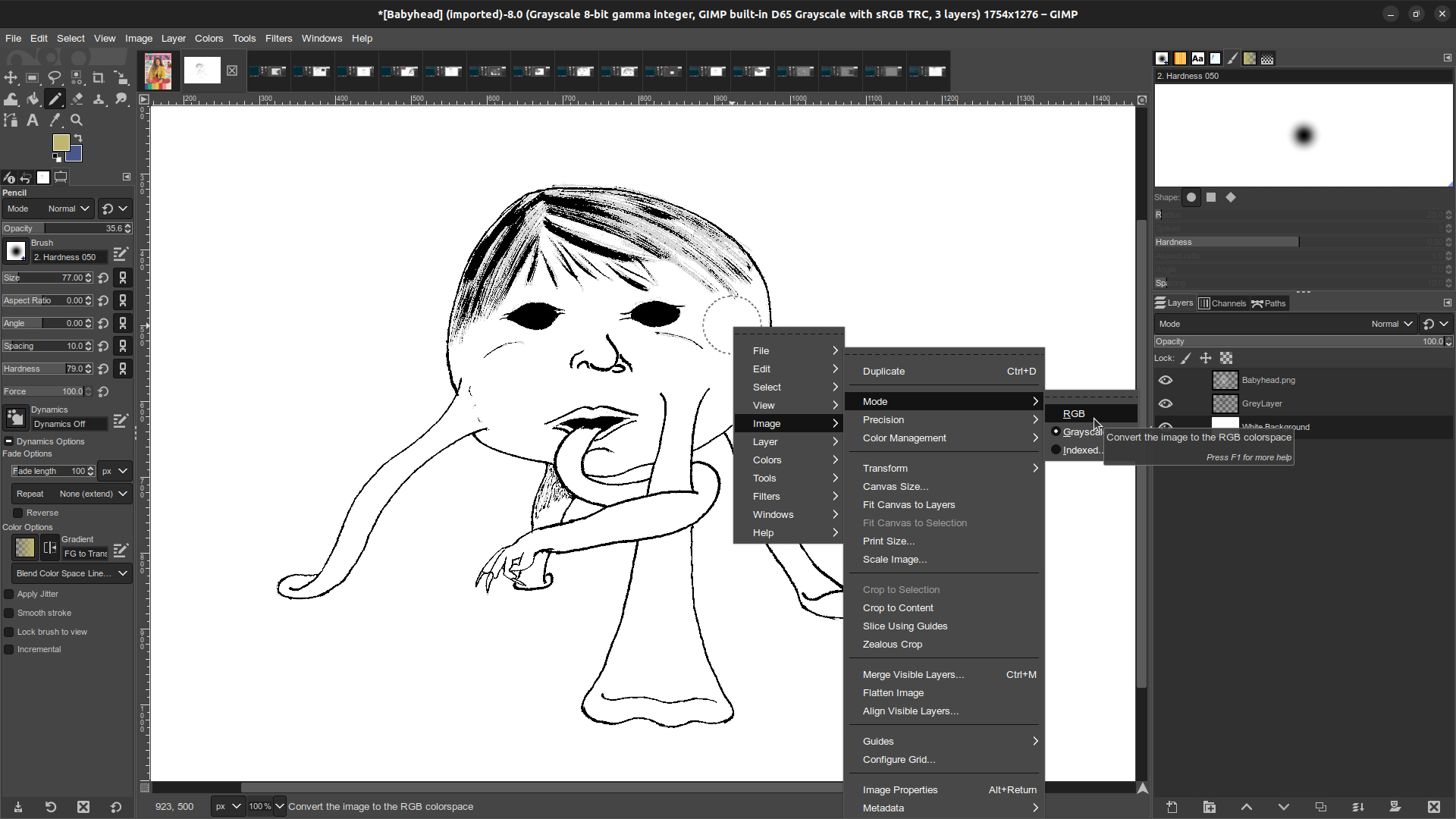 Gimp window in which the Babyhead monster illustration is open. The right click menu for Image, Mode, RGB is open.