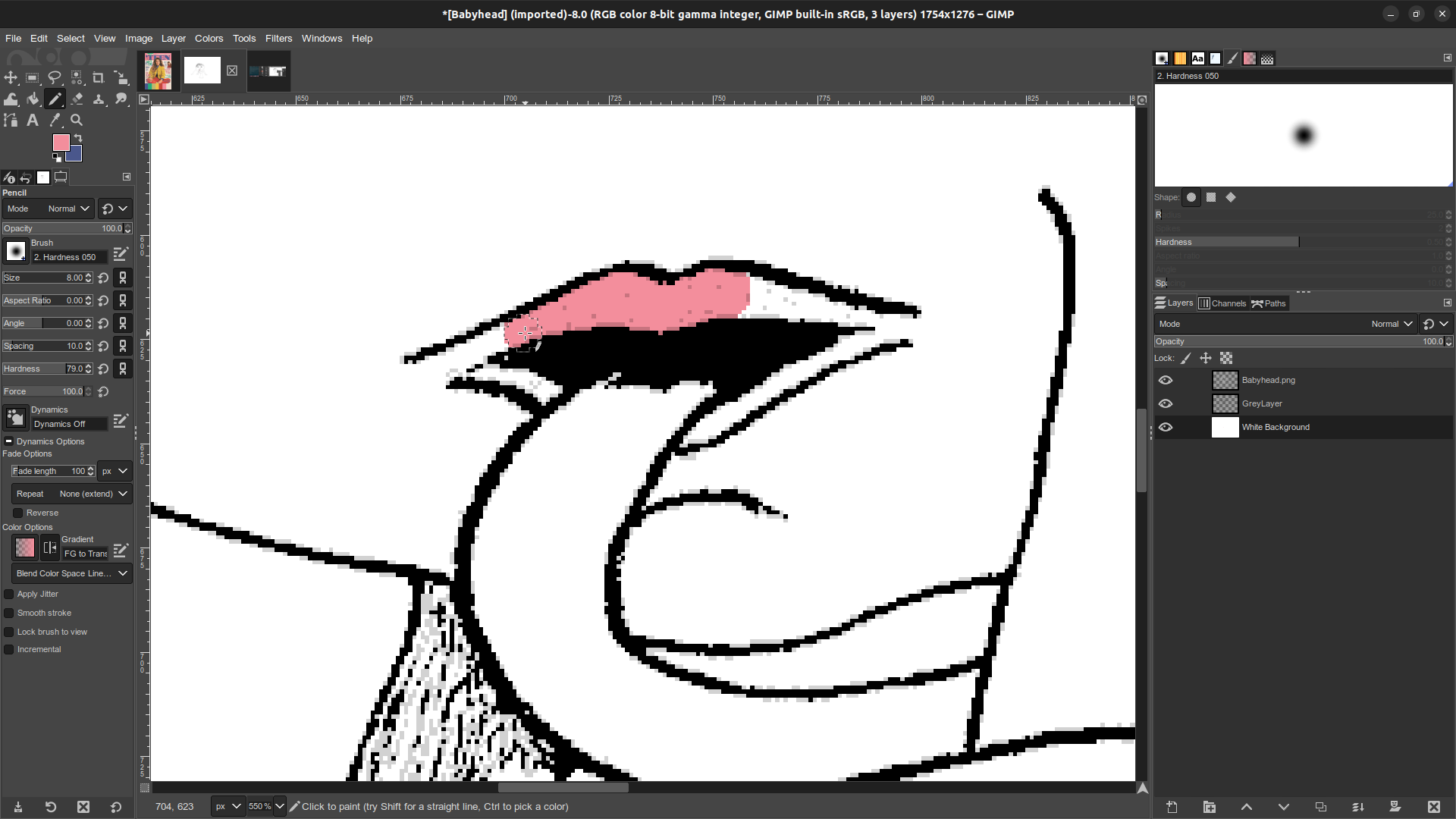 Gimp window in which the Babyhead monster illustration is open. A close up on the creature's lips, where a pale pink is in the midst of being applied.