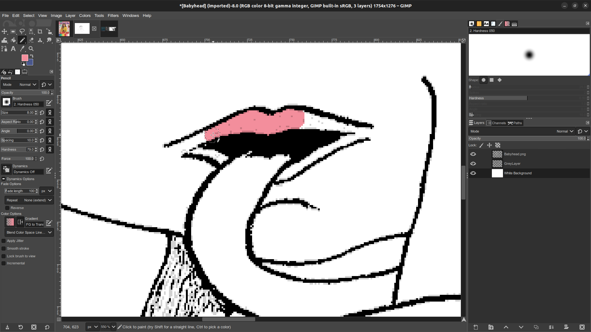 Babyhead monster in GIMP, begin coloring Gimp window in which the Babyhead monster illustration is open. A close up on the creature's lips, where a pale pink is in the midst of being applied.