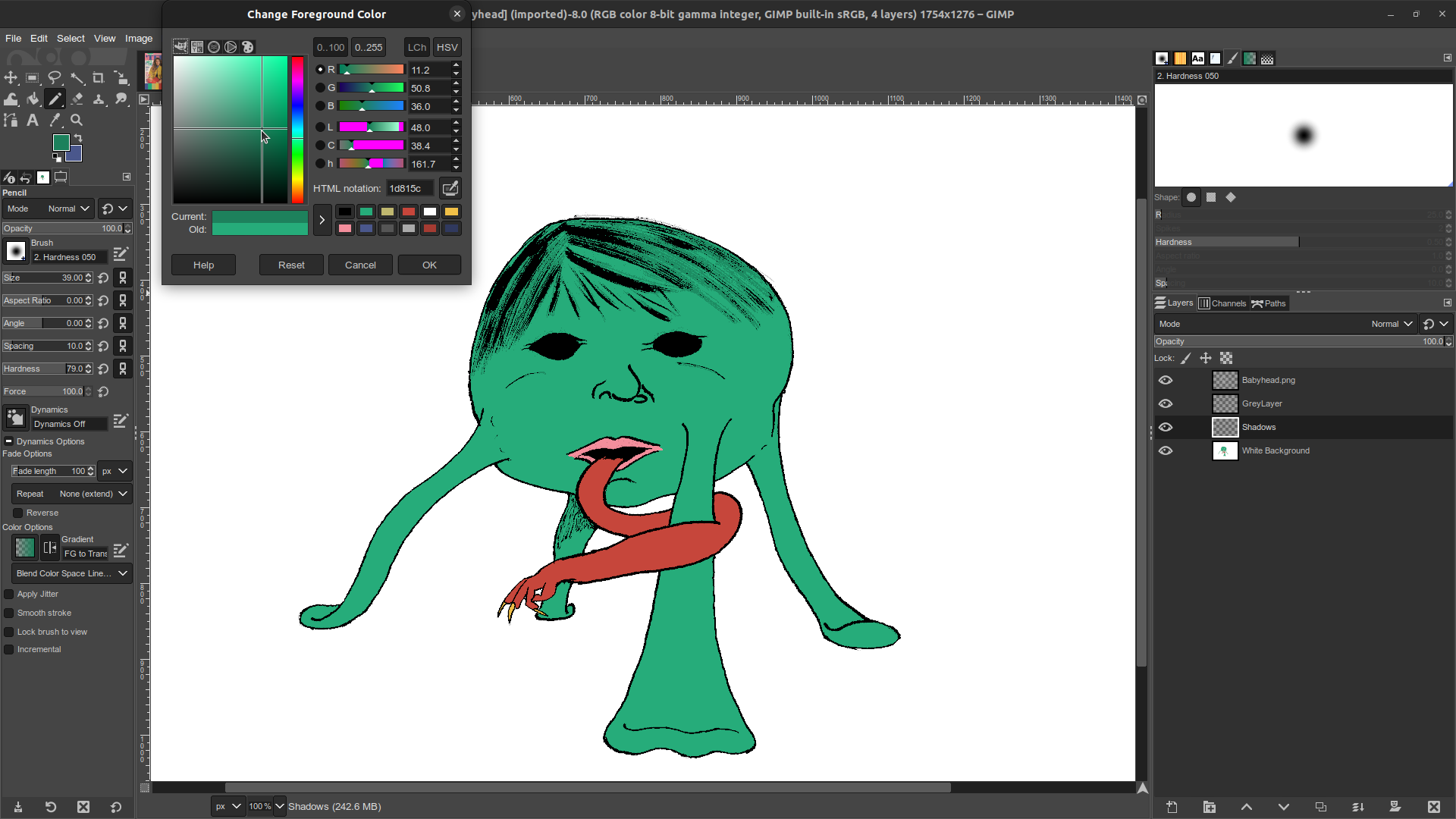 Babyhead monster in GIMP, select shadow color Gimp window in which the Babyhead monster illustration is open. The creature is now fully colored, with gumby-green skin, a red tongue, and pink lips. The color picker dialogue is open, and a color of green similar to the creature's skin, but much darker, is selected.