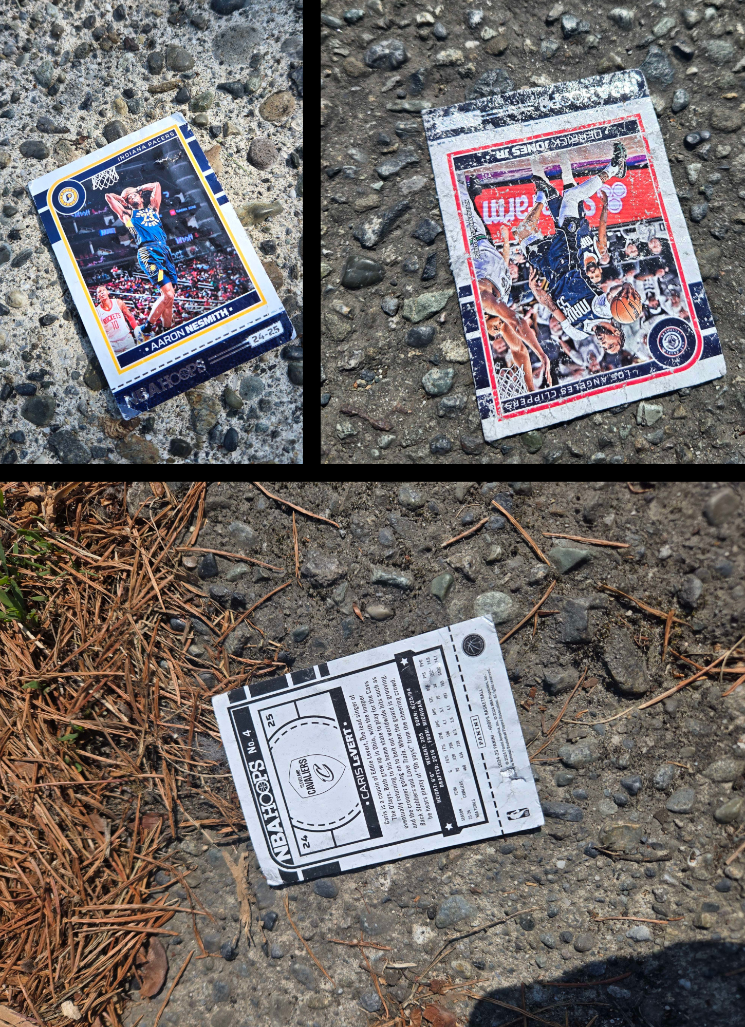 In the street near the intersection of Solie Ave and Dibb St Three photographs of basketball cards in the street. They've clearly been out for awhile, water damaged and walked on.