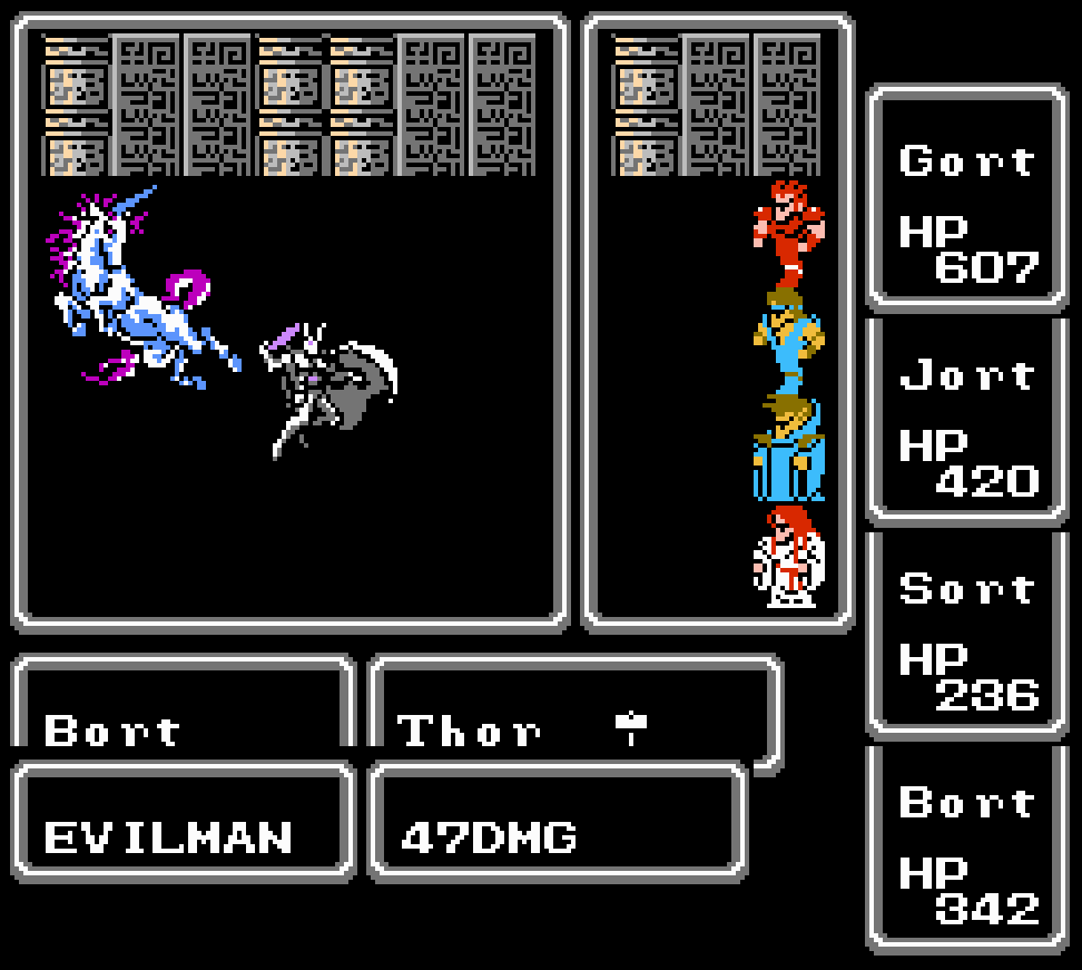 Screenshot of Final Fantasy battle screen. The party (Gort the Knight, Jort the Master, Sort the Black Wizard, Bort the White Wizard) fighting an EVILMAN and an evil horse, which are clearly a reference to the anti-paladin and Nitemare which appear as allies in Dungeons and Dragons.