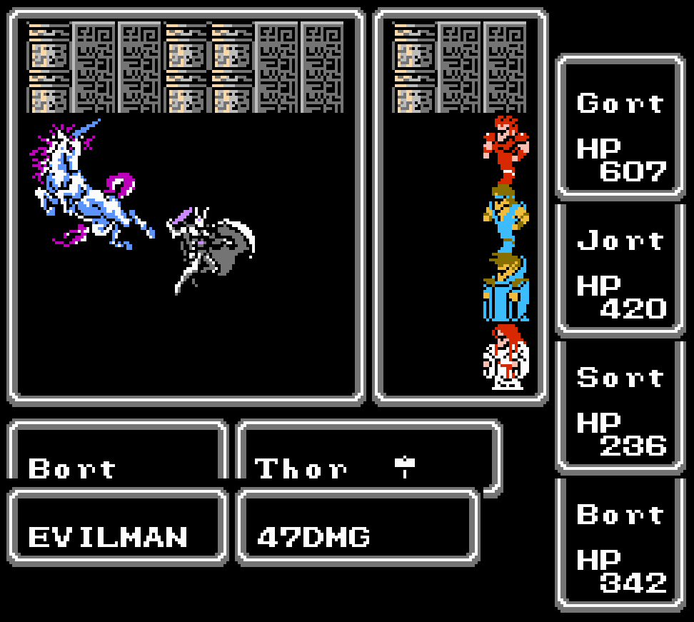 FF1 Screenshot of an encounter with EVILMAN and NIGHTMARE Screenshot of Final Fantasy battle screen. The party (Gort the Knight, Jort the Master, Sort the Black Wizard, Bort the White Wizard) fighting an EVILMAN and an evil horse, which are clearly a reference to the anti-paladin and Nitemare which appear as allies in Dungeons and Dragons.