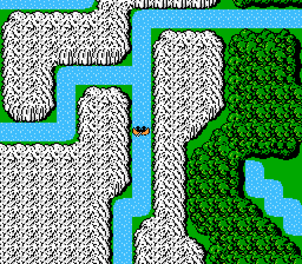 FF1 Screenshot of overworld exploration. Screenshot of Final Fantasy overworld. The player is in a canoe navigating a maze of rivers with mountains on each side. In this mode the party is represented by two little silhouette figures in little hats.