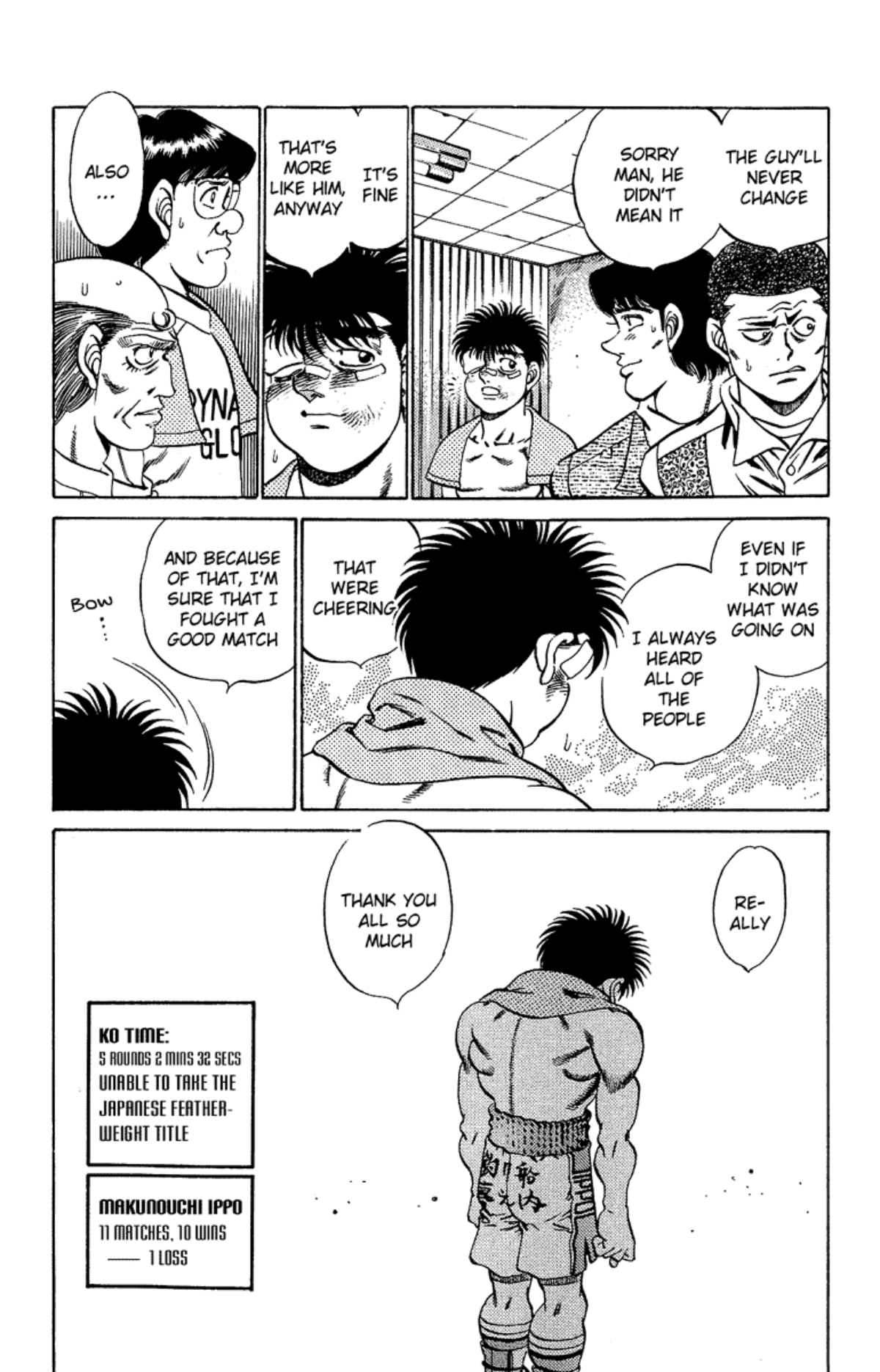 Endcard page for Ippo's fight against Eiji Date Ippo reflects that it must have been a good match since the growd was cheering. His record is 11 matches, 10 wins, 1 loss.