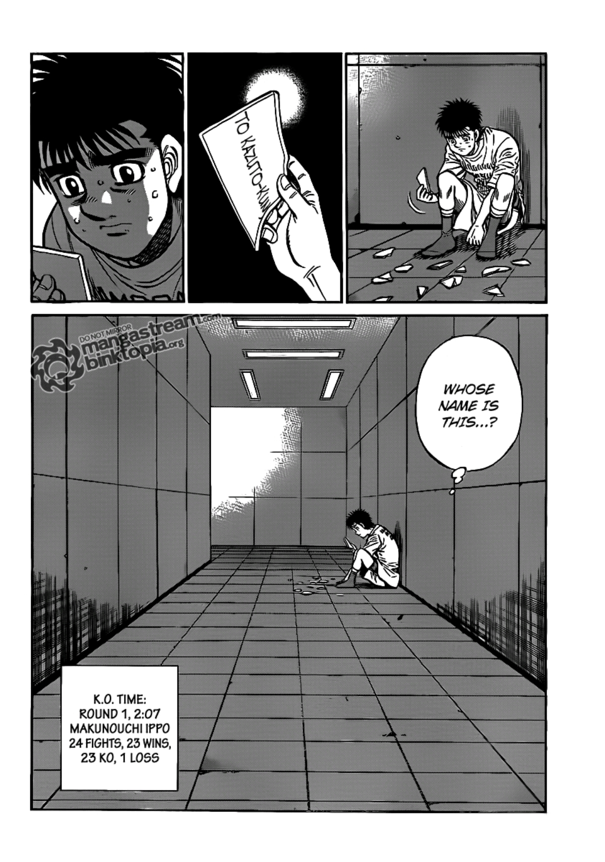 Endcard page for Ippo's fight against Hisato Kojima Ippo picks up the shreded remnants of a piece of paper, and wonders whose name is on it. His record is 24 fights, 23 wins, 1 loss.