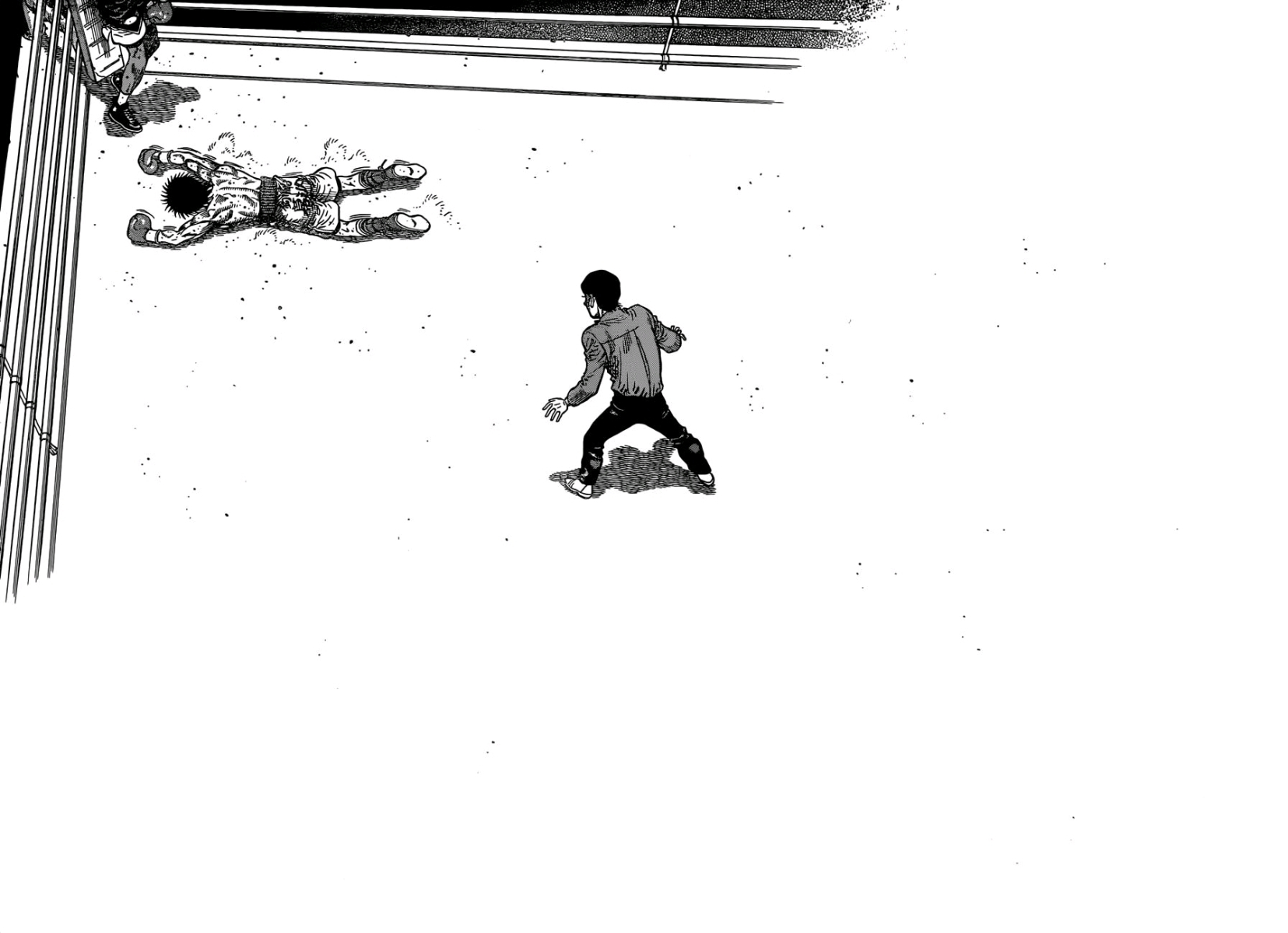 Page after Ippo has lost his final fight, A Ippo lies flat on his face in the corner. The referee leans forward towards his prone body. A two page spread fades into a field of white.